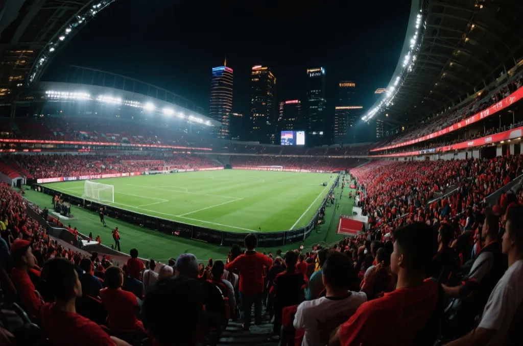 世界杯球迷在大型现代球场外排队入场的夜景
